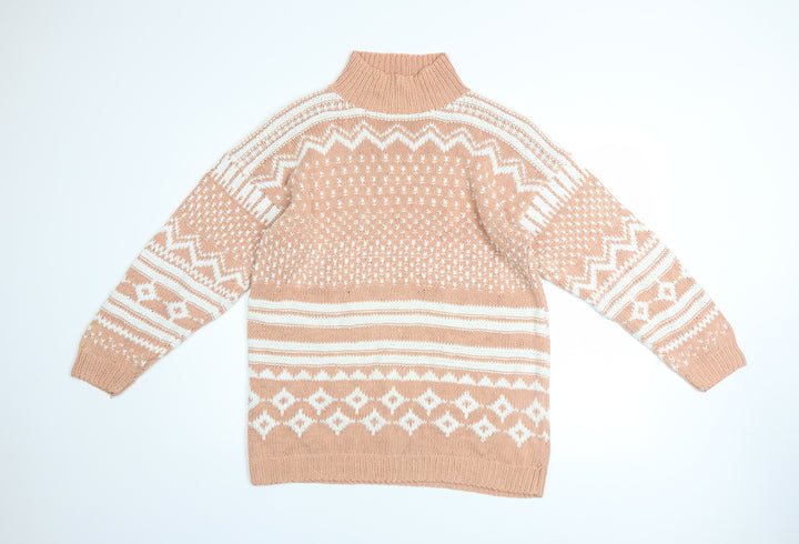 Dash Women Beige Fair Isle Roll Neck Chunky Knit Jumper Size M