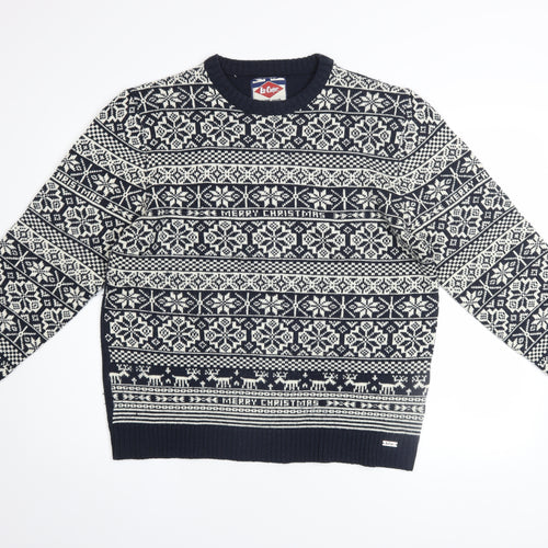 Lee Cooper Mens Blue Fair Isle Christmas Jumper Size L