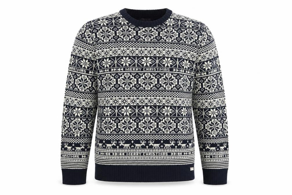 Front view of Lee Cooper men’s blue fair isle christmas jumper, size L