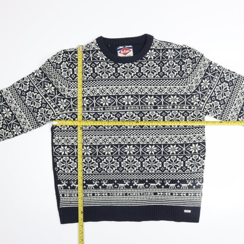 Lee Cooper Mens Blue Fair Isle Christmas Jumper Size L