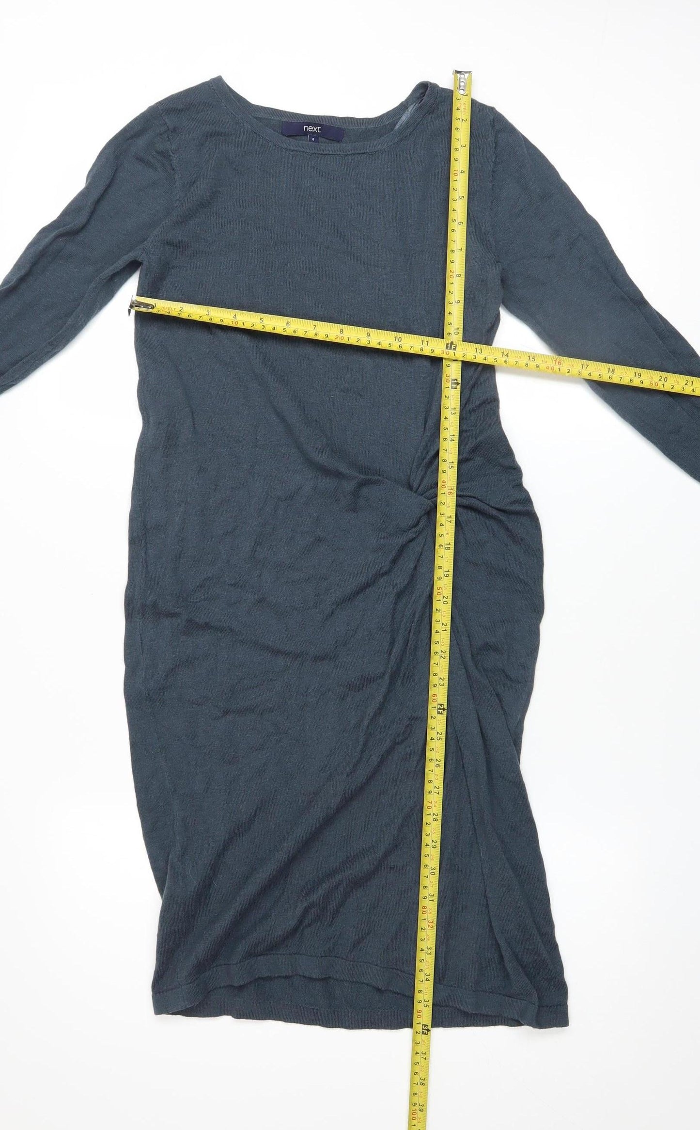 Next Women Grey Long Sleeve Ruched Bodycon Knit Dress Size 8