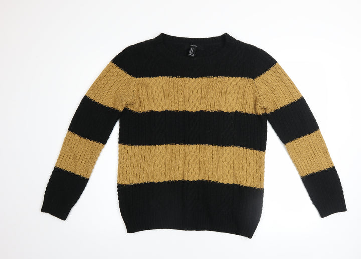 Forever 21 Women’s Black Beige Striped Cable Knit Jumper Medium