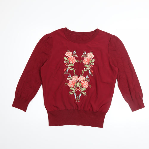 Oasis Women’s Red Floral Embroidered 3/4 Sleeve Pullover Jumper Size 12