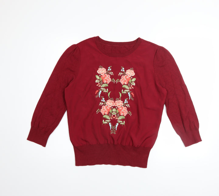 Oasis Women’s Red Floral Embroidered 3/4 Sleeve Pullover Jumper Size 12