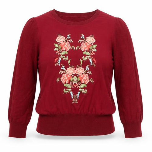 Oasis Women’s Red Floral Embroidered 3/4 Sleeve Pullover Jumper Size 12