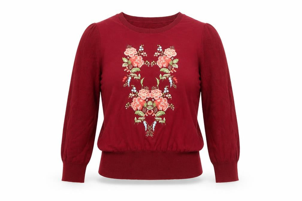 Oasis Women’s Red Floral Embroidered 3/4 Sleeve Pullover Jumper Size 12
