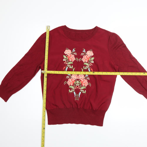 Oasis Women’s Red Floral Embroidered 3/4 Sleeve Pullover Jumper Size 12