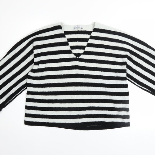 Zara Women Black White Striped V-Neck Relaxed Knit Jumper Size 8