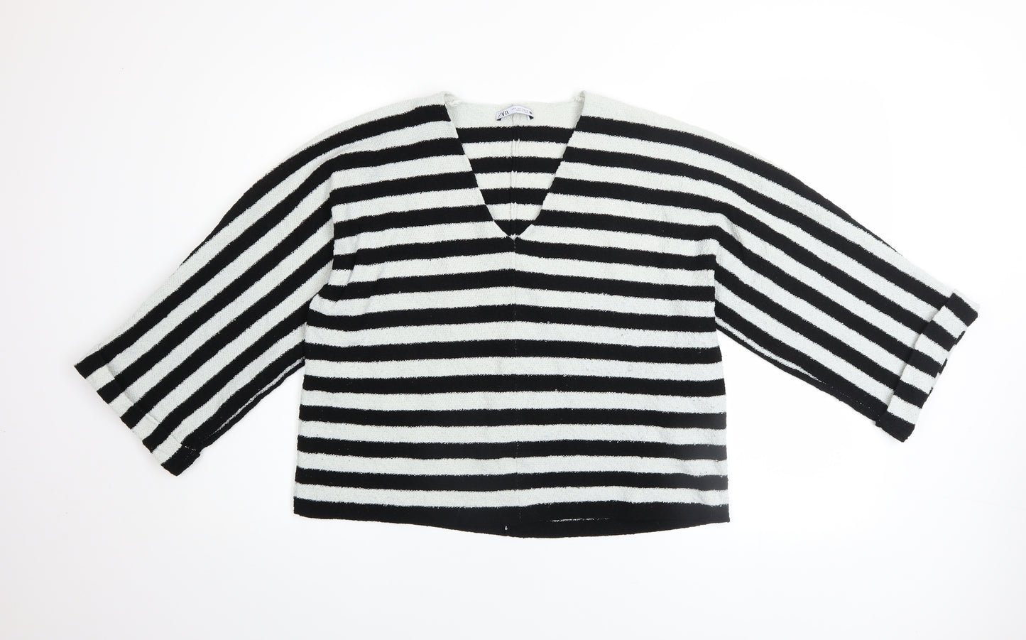 Zara Women Black White Striped V-Neck Relaxed Knit Jumper Size 8