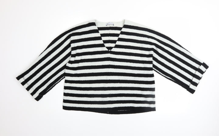 Zara Women Black White Striped V-Neck Relaxed Knit Jumper Size 8