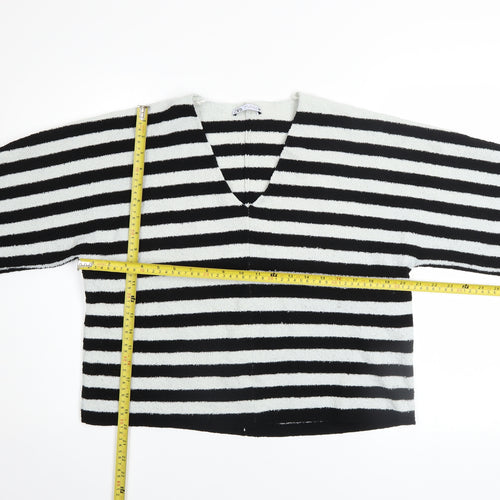 Zara Women Black White Striped V-Neck Relaxed Knit Jumper Size 8
