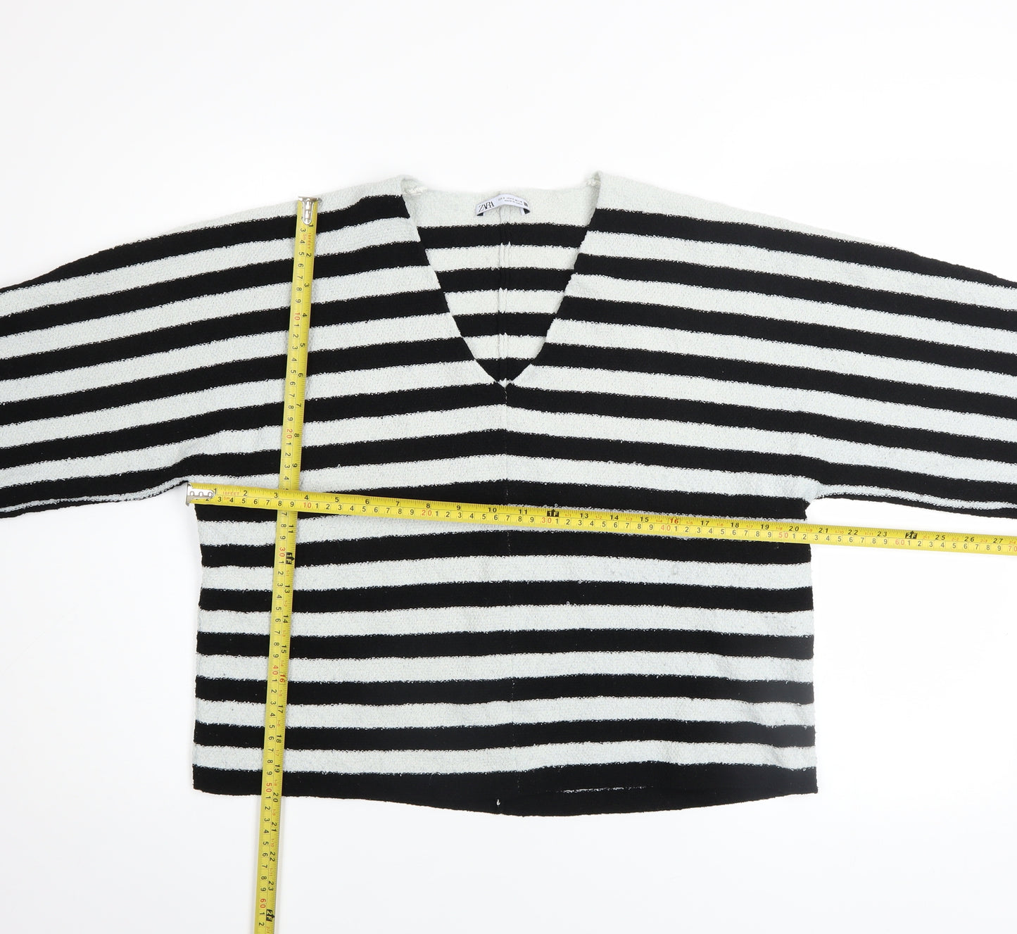 Zara Women Black White Striped V-Neck Relaxed Knit Jumper Size 8