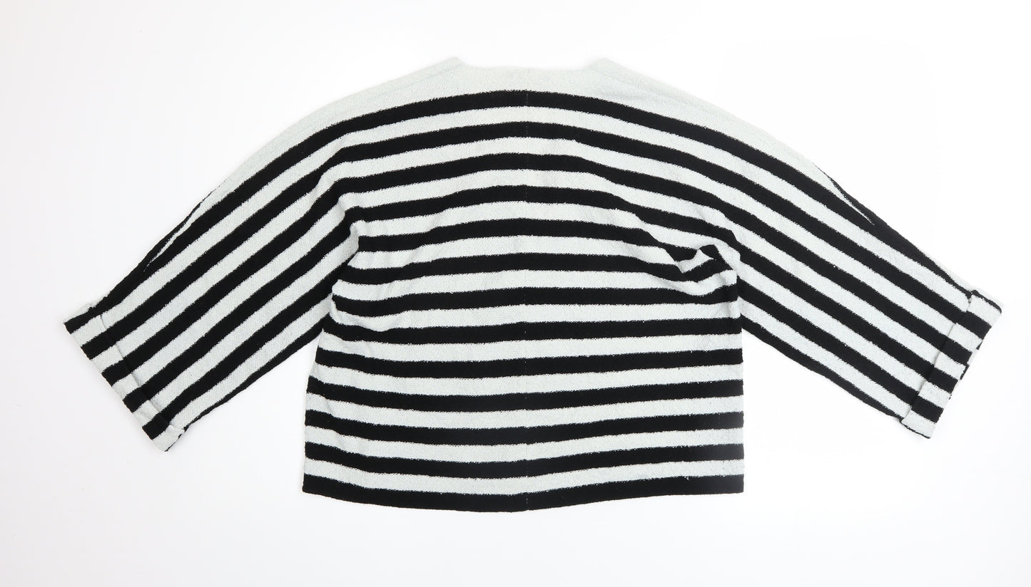 Zara Women Black White Striped V-Neck Relaxed Knit Jumper Size 8