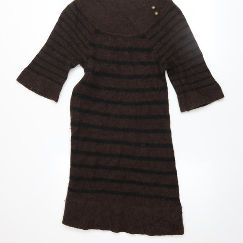 MNG Women Brown Striped Jumper Dress Size 12 3/4 Sleeve Knit