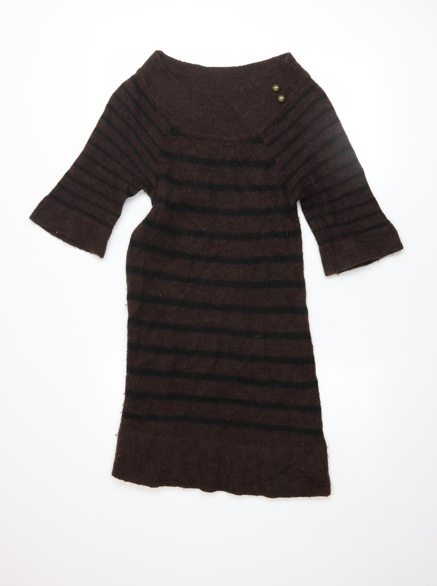 MNG Women Brown Striped Jumper Dress Size 12 3/4 Sleeve Knit