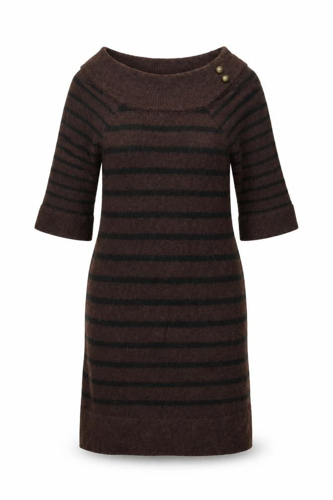 MNG Women Brown Striped Jumper Dress Size 12 3/4 Sleeve Knit