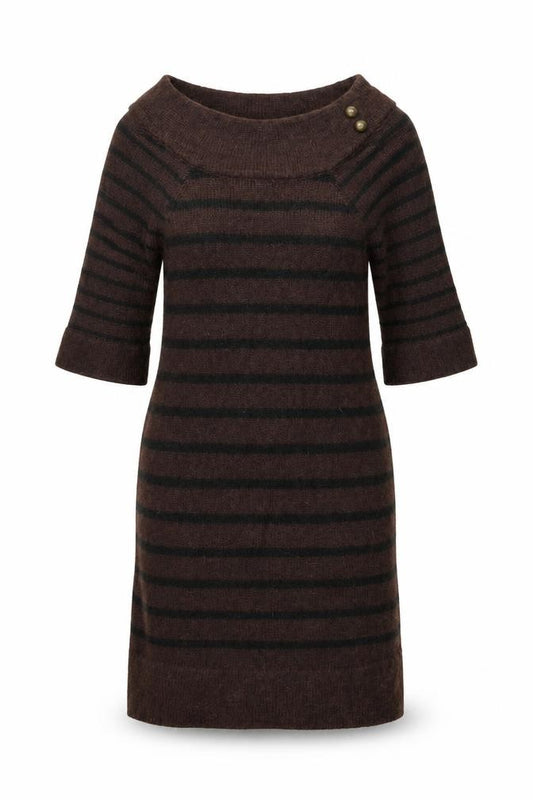 Front view of Mango Women Brown Striped Jumper Dress, size 12, 3/4 Sleeve Knit
