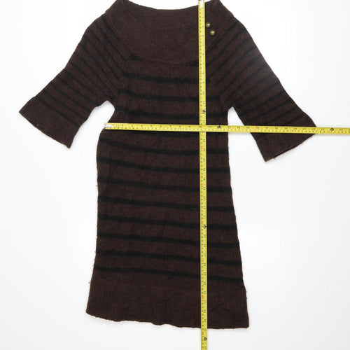MNG Women Brown Striped Jumper Dress Size 12 3/4 Sleeve Knit