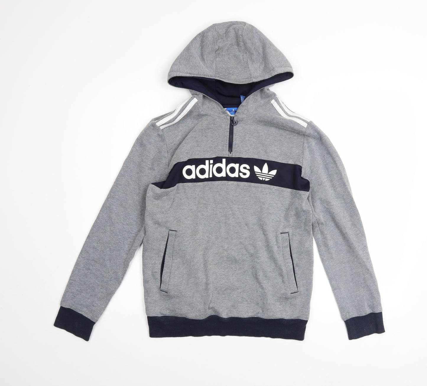 Adidas Boys Grey Half Zip Hoodie 13-14 Years Cotton Blend Hooded Sweatshirt