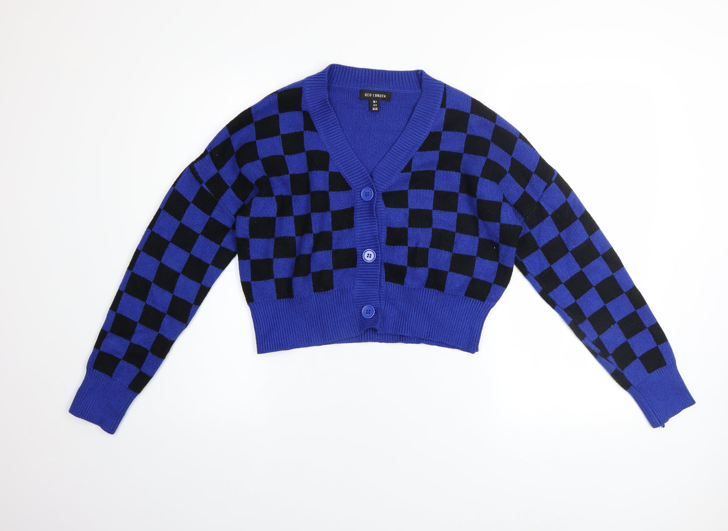 QED London Women’s Blue Check Knit Cardigan Size S V-Neck