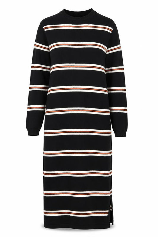 Front view of People Tree Women’s Black Striped Jumper Dress, size UK 10, Organic Cotton