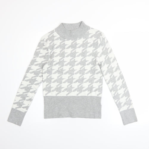 Marks & Spencer Women Grey Mock Neck Houndstooth Knit Jumper Size 10