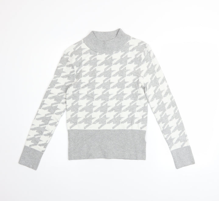 Marks & Spencer Women Grey Mock Neck Houndstooth Knit Jumper Size 10