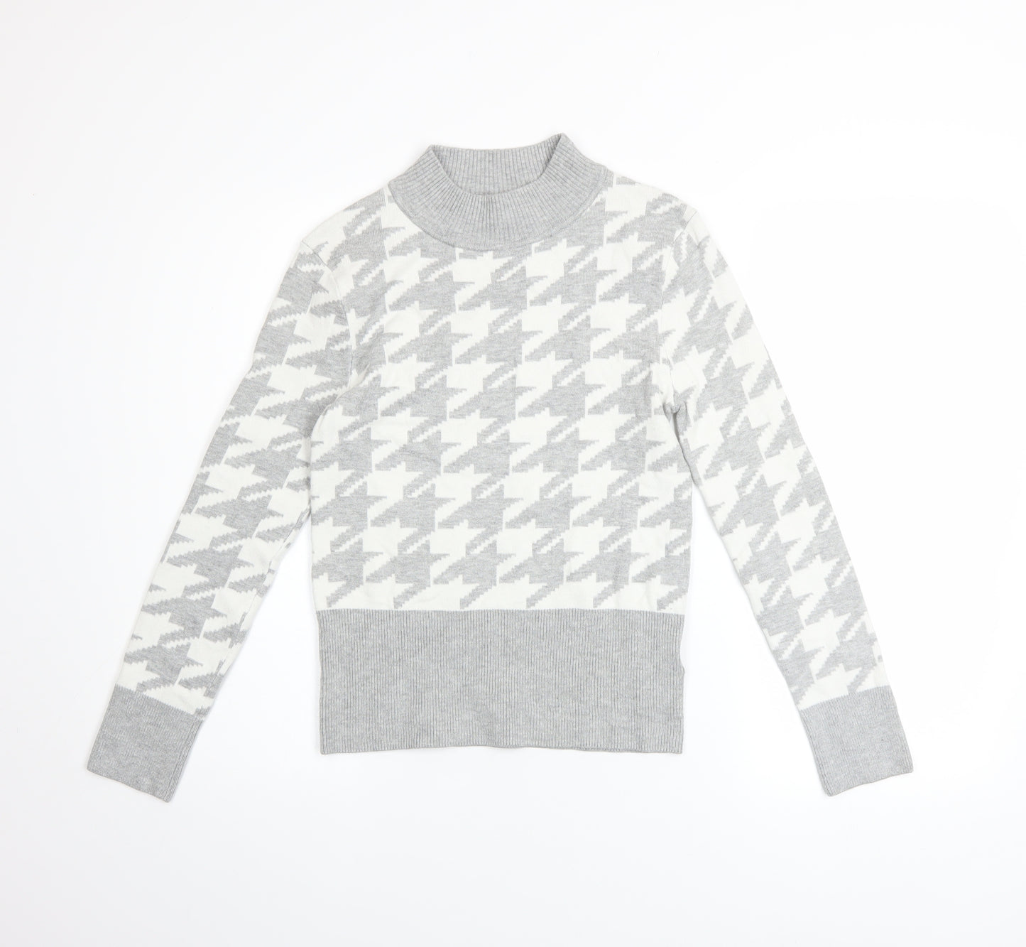 Marks & Spencer Women Grey Mock Neck Houndstooth Knit Jumper Size 10