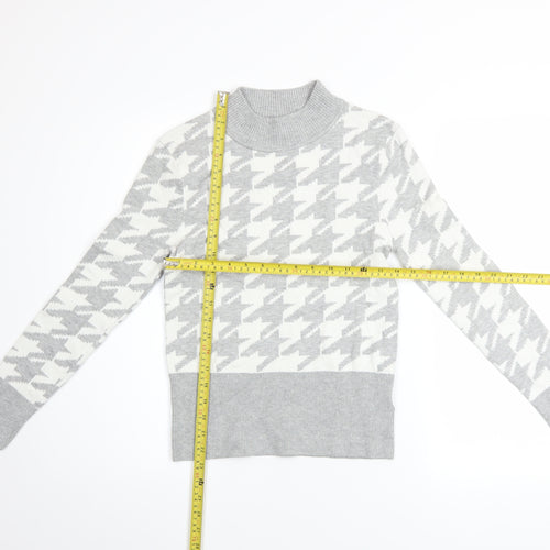 Marks & Spencer Women Grey Mock Neck Houndstooth Knit Jumper Size 10