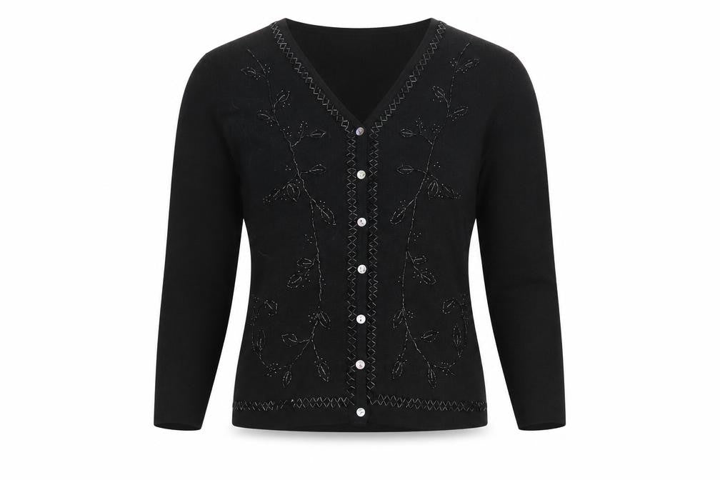 Kristen Jeffries Women's Black Embroidered V-Neck Cardigan S
