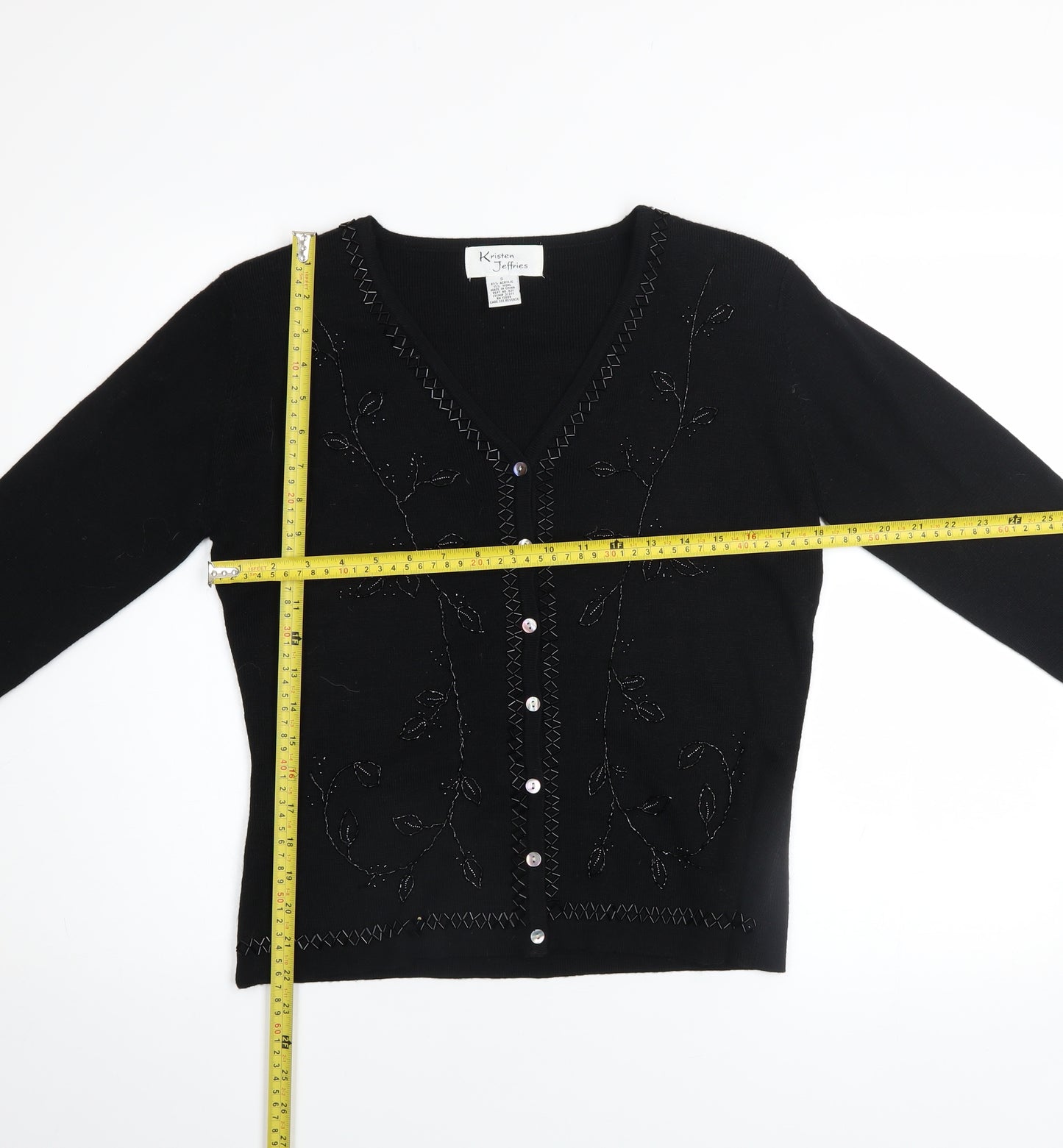 Kristen Jeffries Women's Black Embroidered V-Neck Cardigan S