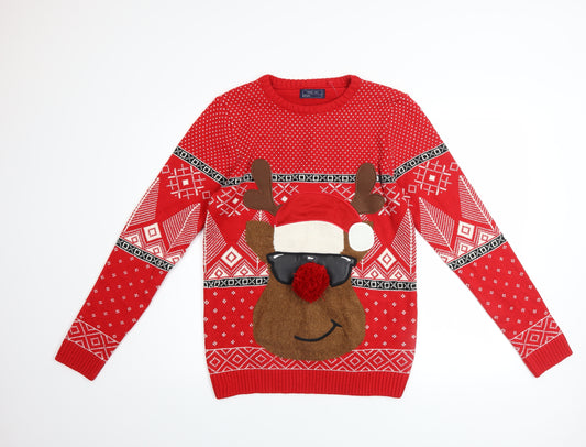 Next Boys Red Christmas Reindeer Jumper 15 Years Acrylic Cotton Blend
