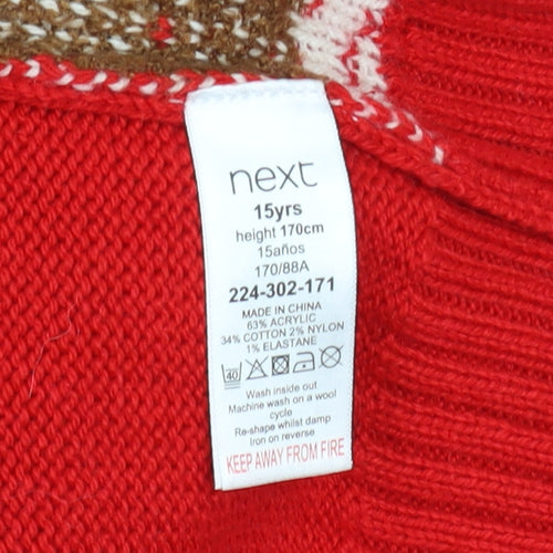 Next Boys Red Christmas Reindeer Jumper 15 Years Acrylic Cotton Blend