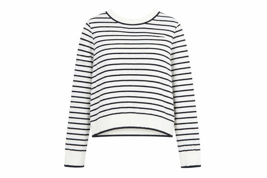 Front view of H&M Divided Women’s White Navy Striped Crew Neck Jumper, size UK 12