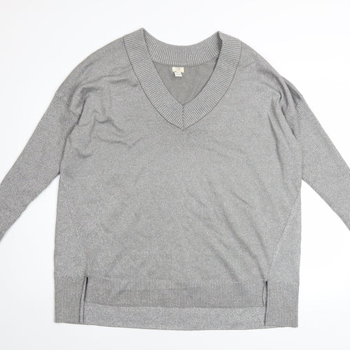 River Island Women’s Grey Metallic V-Neck Long Sleeve Pullover Jumper Size L