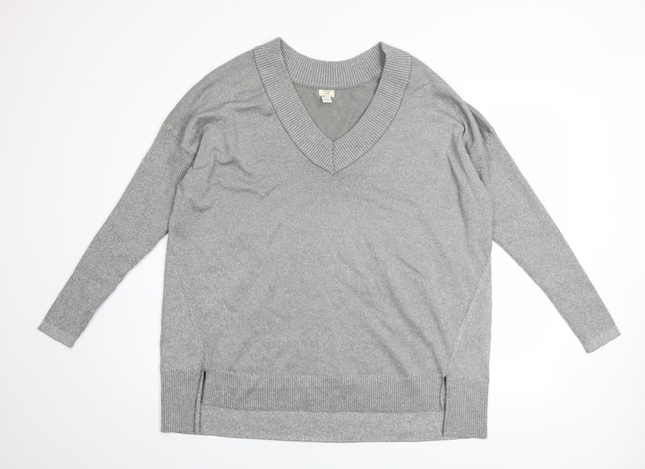 River Island Women’s Grey Metallic V-Neck Long Sleeve Pullover Jumper Size L
