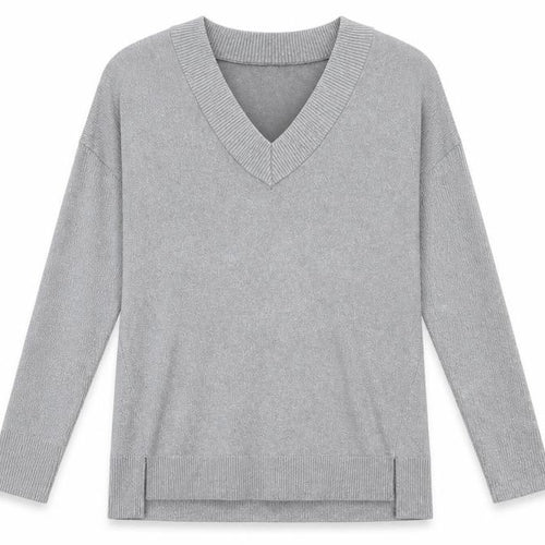 River Island Women’s Grey Metallic V-Neck Long Sleeve Pullover Jumper Size L