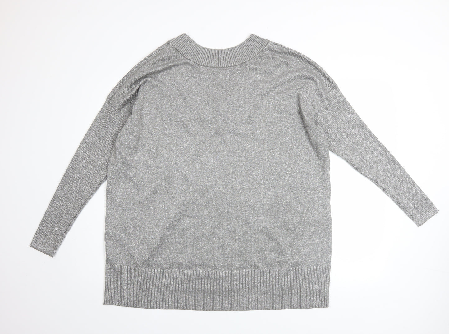 River Island Women’s Grey Metallic V-Neck Long Sleeve Pullover Jumper Size L