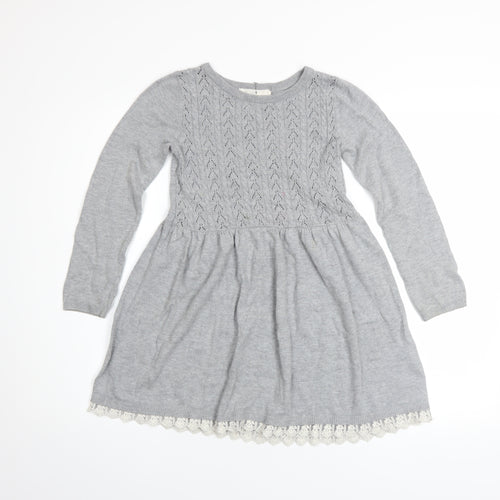 L.O.G.G. Girls Grey Knit A-Line Long Sleeve Lace Hem Dress 7-8 Years