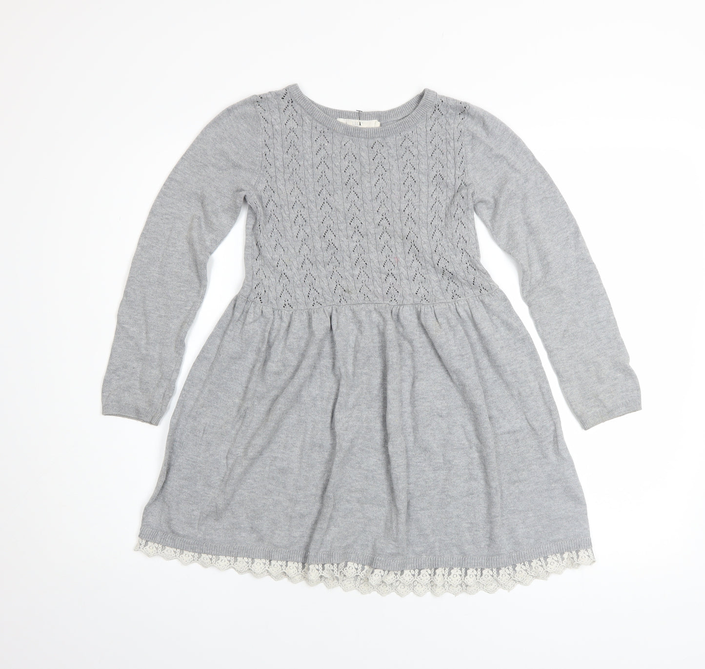 L.O.G.G. Girls Grey Knit A-Line Long Sleeve Lace Hem Dress 7-8 Years