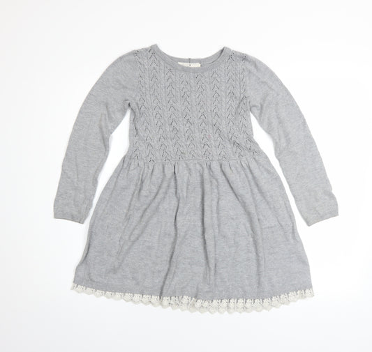 L.O.G.G. Girls Grey Knit A-Line Long Sleeve Lace Hem Dress 7-8 Years
