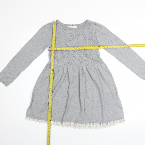 L.O.G.G. Girls Grey Knit A-Line Long Sleeve Lace Hem Dress 7-8 Years