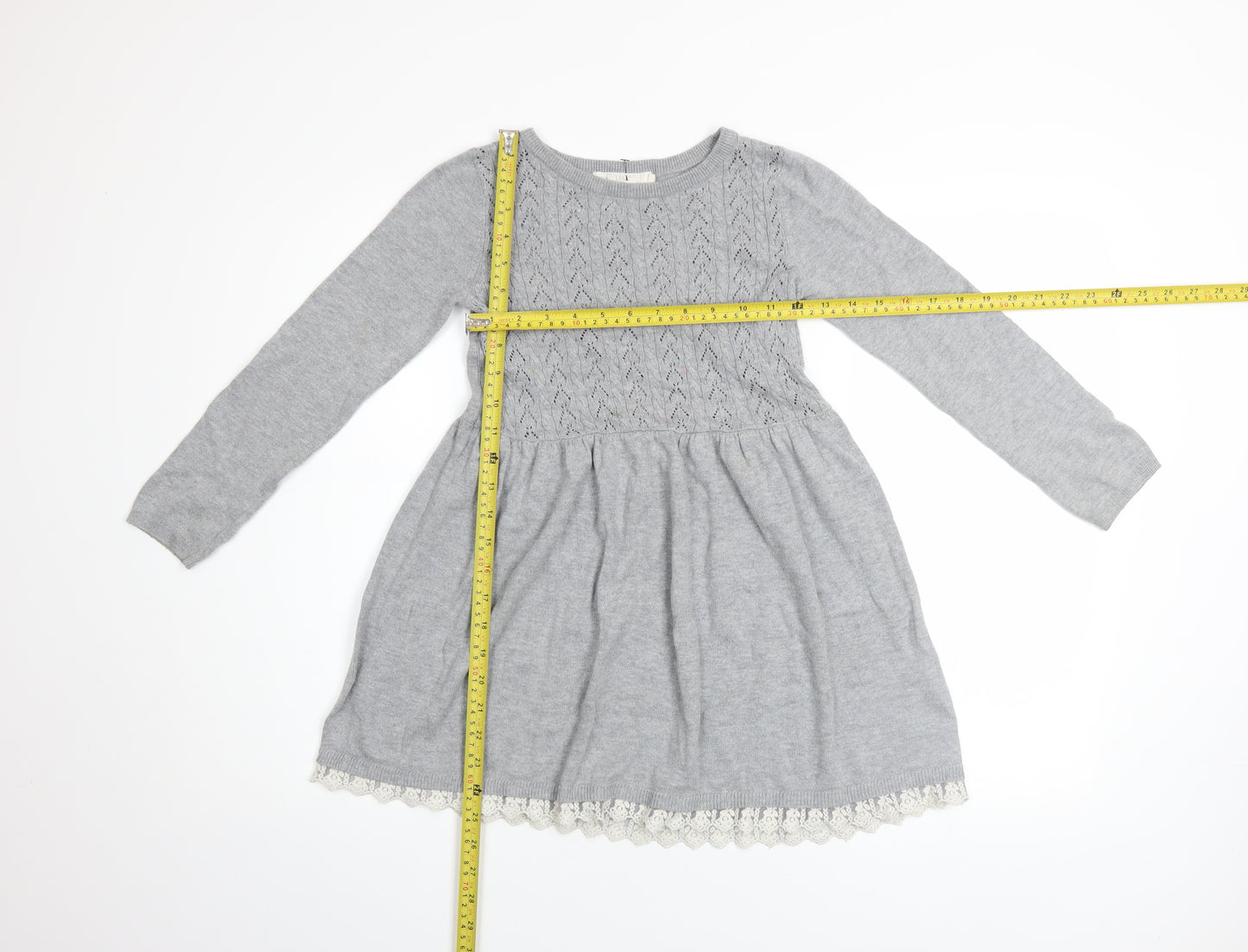 L.O.G.G. Girls Grey Knit A-Line Long Sleeve Lace Hem Dress 7-8 Years