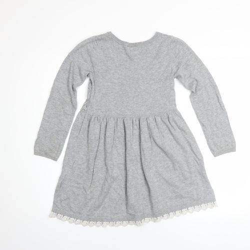 L.O.G.G. Girls Grey Knit A-Line Long Sleeve Lace Hem Dress 7-8 Years