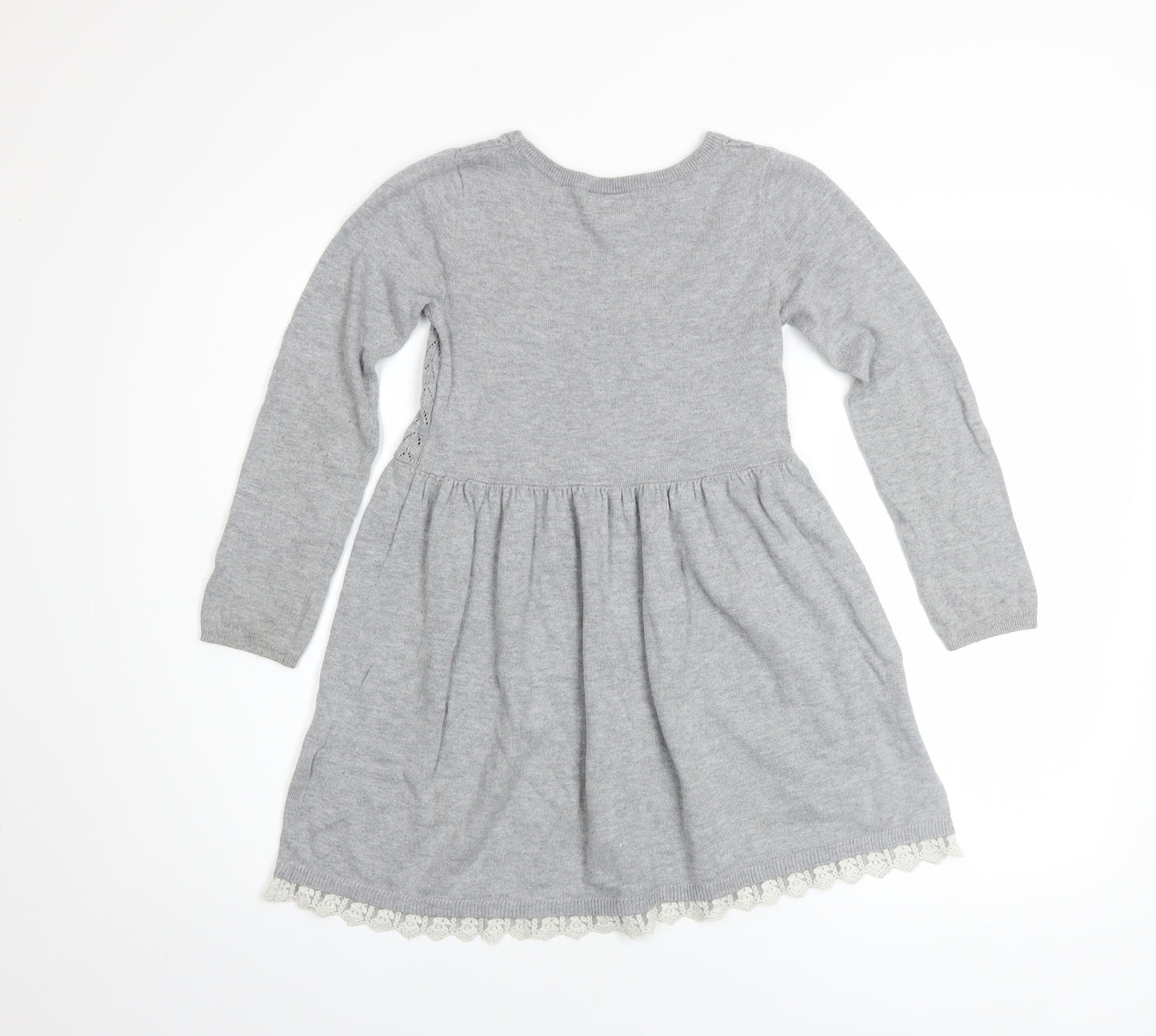 L.O.G.G. Girls Grey Knit A-Line Long Sleeve Lace Hem Dress 7-8 Years