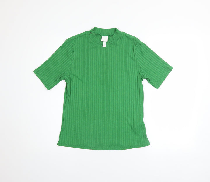 H&M Women’s Green Ribbed High Neck Short Sleeve Knit T-Shirt M