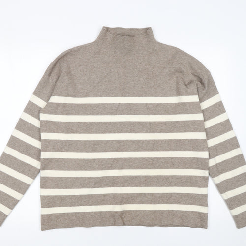 Tahari Women Beige Striped Mock Neck Pullover Jumper Size L