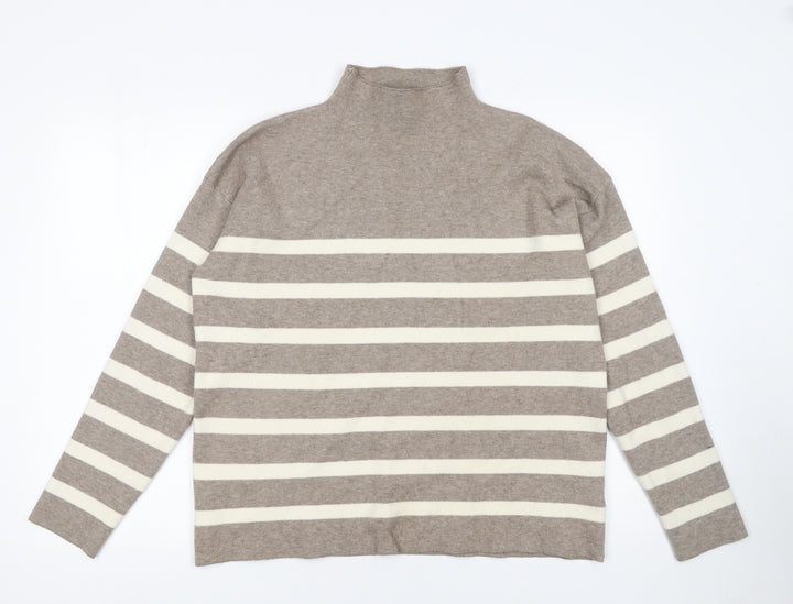 Tahari Women Beige Striped Mock Neck Pullover Jumper Size L