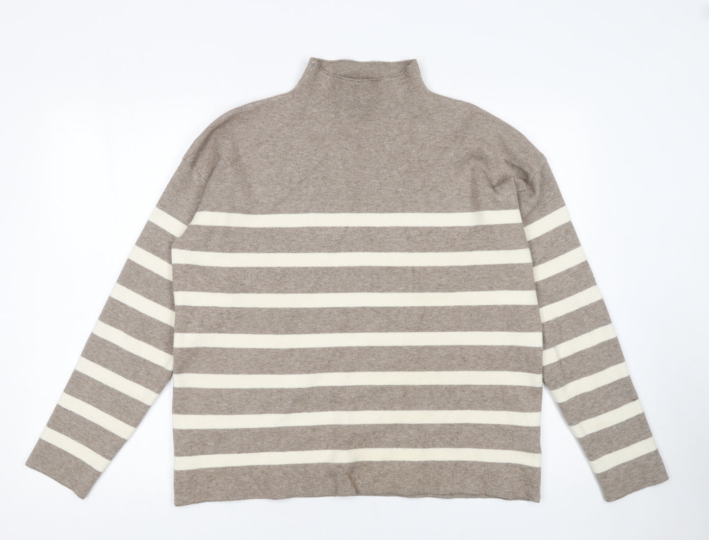 Tahari Women Beige Striped Mock Neck Pullover Jumper Size L