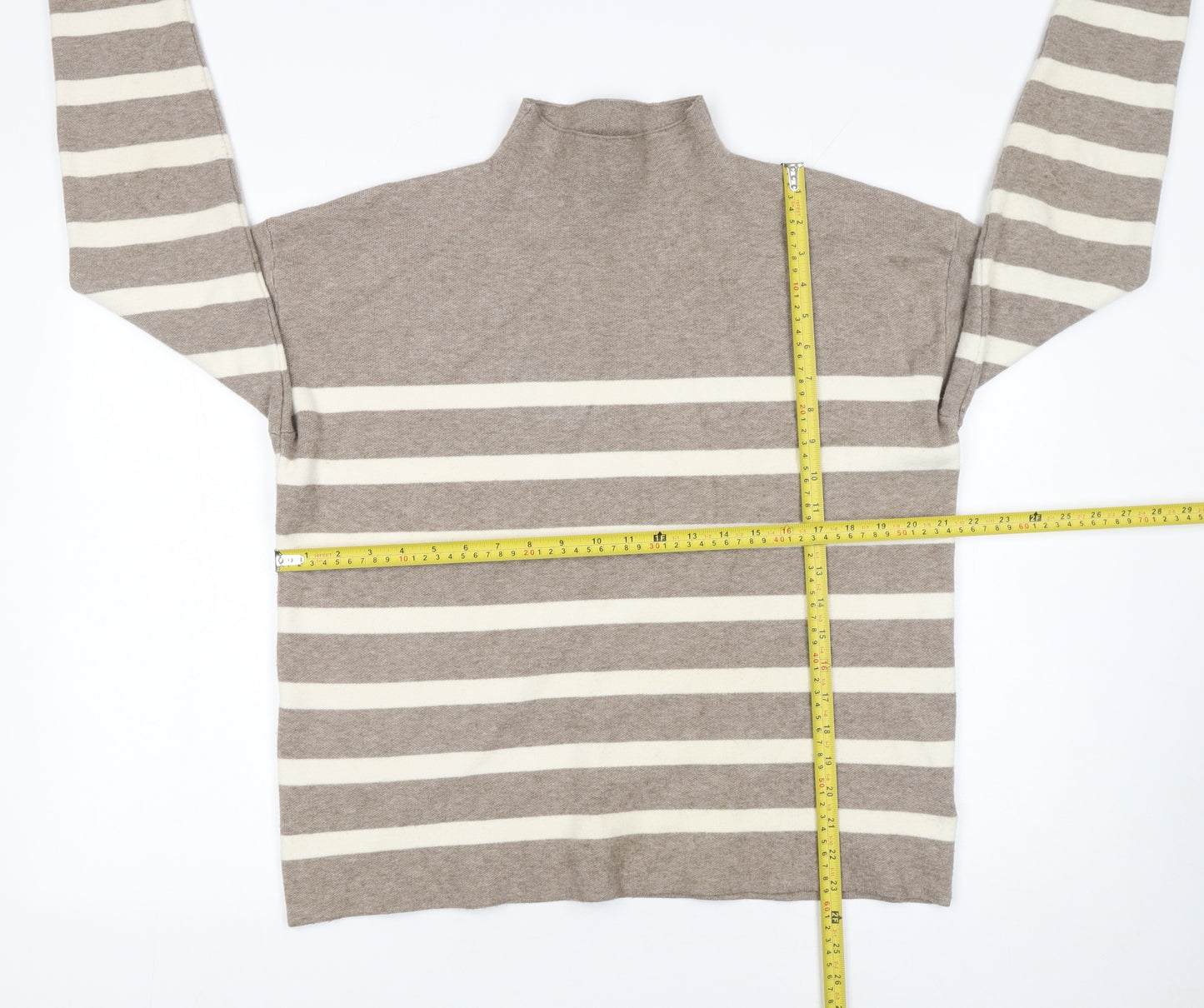 Tahari Women Beige Striped Mock Neck Pullover Jumper Size L